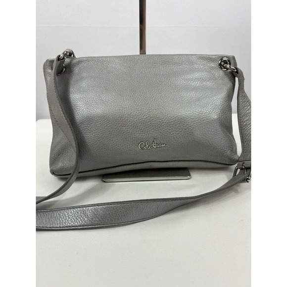 Cole Haan Crossbody Bag Silver Leather Buckles Outside Pocket Zipper Closure - Picture 2 of 11